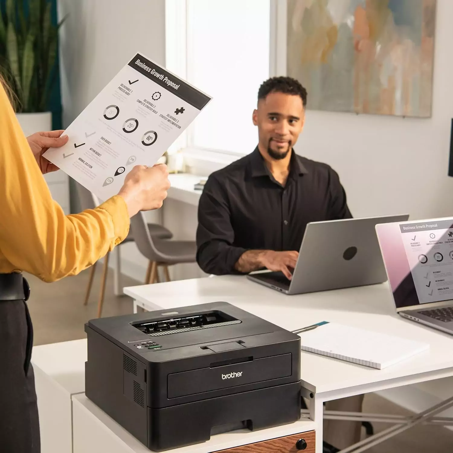 Brother HL-L2460DW wireless monochrome laser printer setup for educators, featuring duplex printing and mobile printing capabilities.