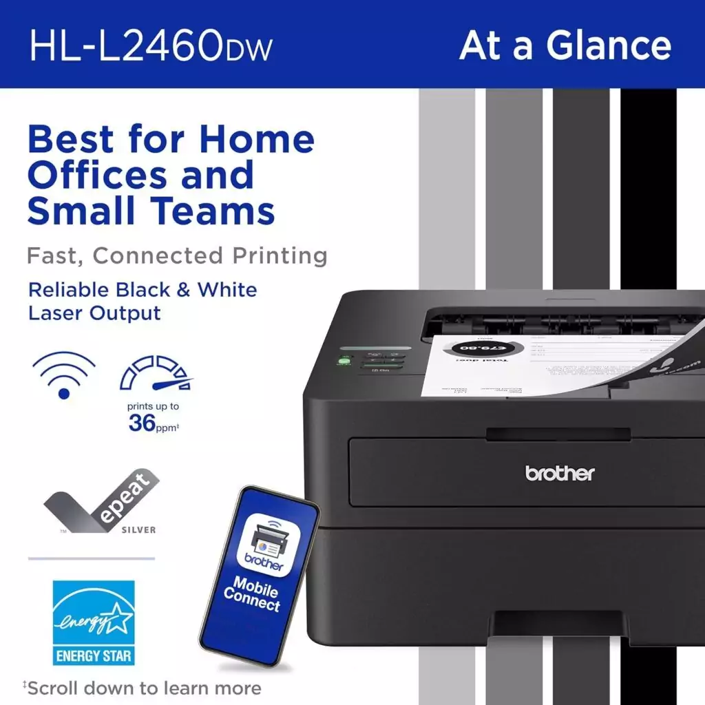 Wireless monochrome laser printer ideal for educators; features duplex printing and mobile setup for efficient, seamless classroom use.