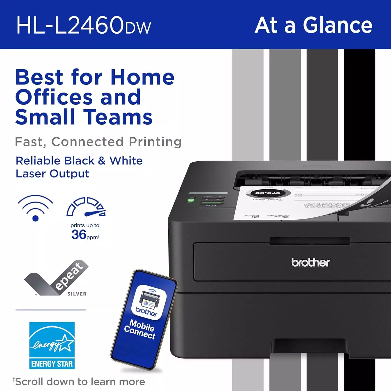Wireless monochrome laser printer ideal for educators; features duplex printing and mobile setup for efficient, seamless classroom use.
