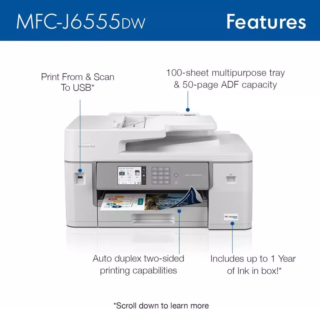 Educator Special: Brother MFC-J6555DW Inkvestment Tank Color Inkjet Printer with a 1-year ink supply, ideal for efficient and high-quality printing needs.