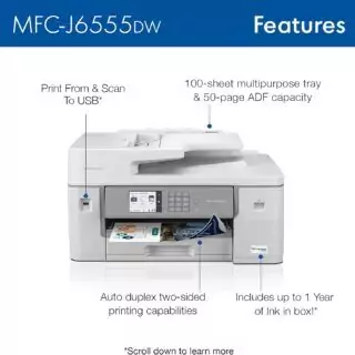 Educator Special: Brother MFC-J6555DW Inkvestment Tank Color Inkjet Printer with a 1-year ink supply, ideal for efficient and high-quality printing needs.