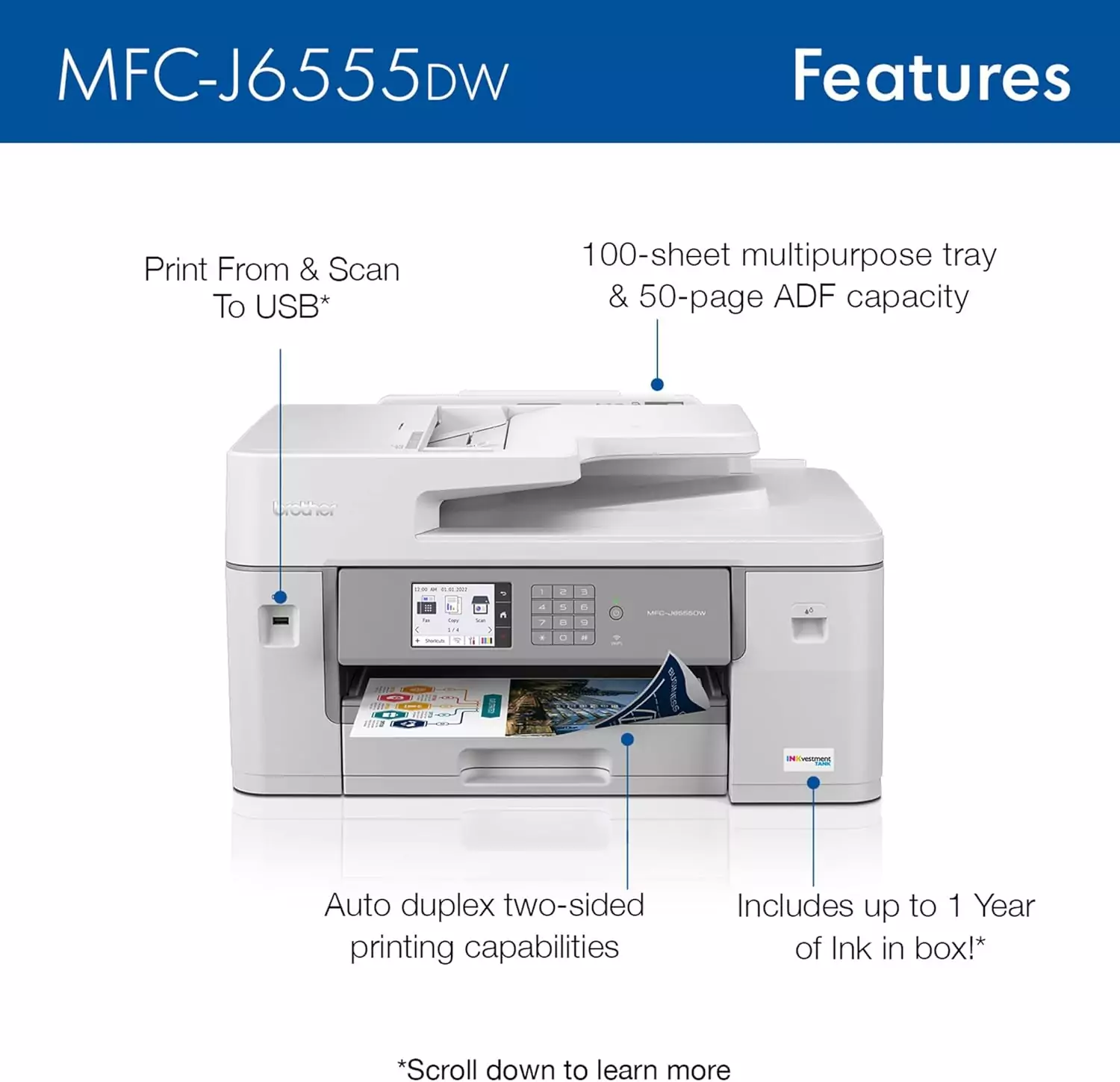Educator Special: Brother MFC-J6555DW Inkvestment Tank Color Inkjet Printer with a 1-year ink supply, ideal for efficient and high-quality printing needs.