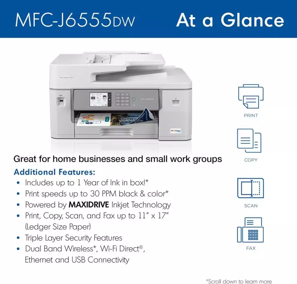 Efficient Brother MFC-J6555DW Inkvestment Tank printer offers educators a cost-effective solution with a one-year ink supply for seamless use.