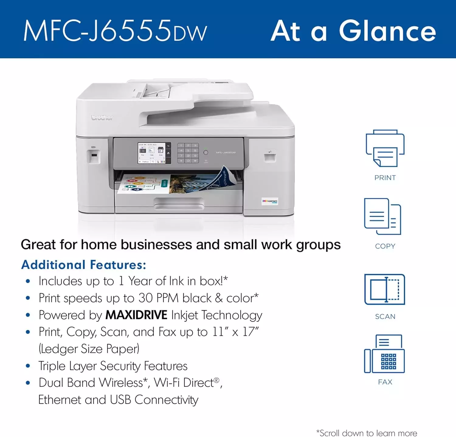 Efficient Brother MFC-J6555DW Inkvestment Tank printer offers educators a cost-effective solution with a one-year ink supply for seamless use.