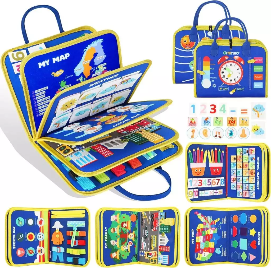 Montessori-inspired busy board toy for toddlers designed to enhance fine motor skills with engaging activities and interactive elements.