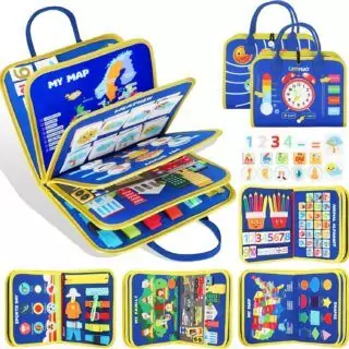 Montessori-inspired busy board toy for toddlers designed to enhance fine motor skills with engaging activities and interactive elements.