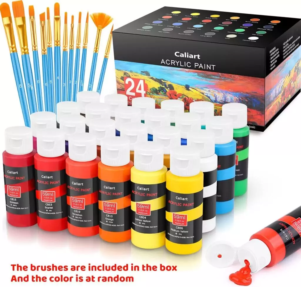 Caliart Acrylic Paint Set with 24 vibrant colors and 12 brushes, perfect for art educators and creative classroom activities and projects.