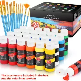 Caliart Acrylic Paint Set with 24 vibrant colors and 12 brushes, perfect for art educators and creative classroom activities and projects.