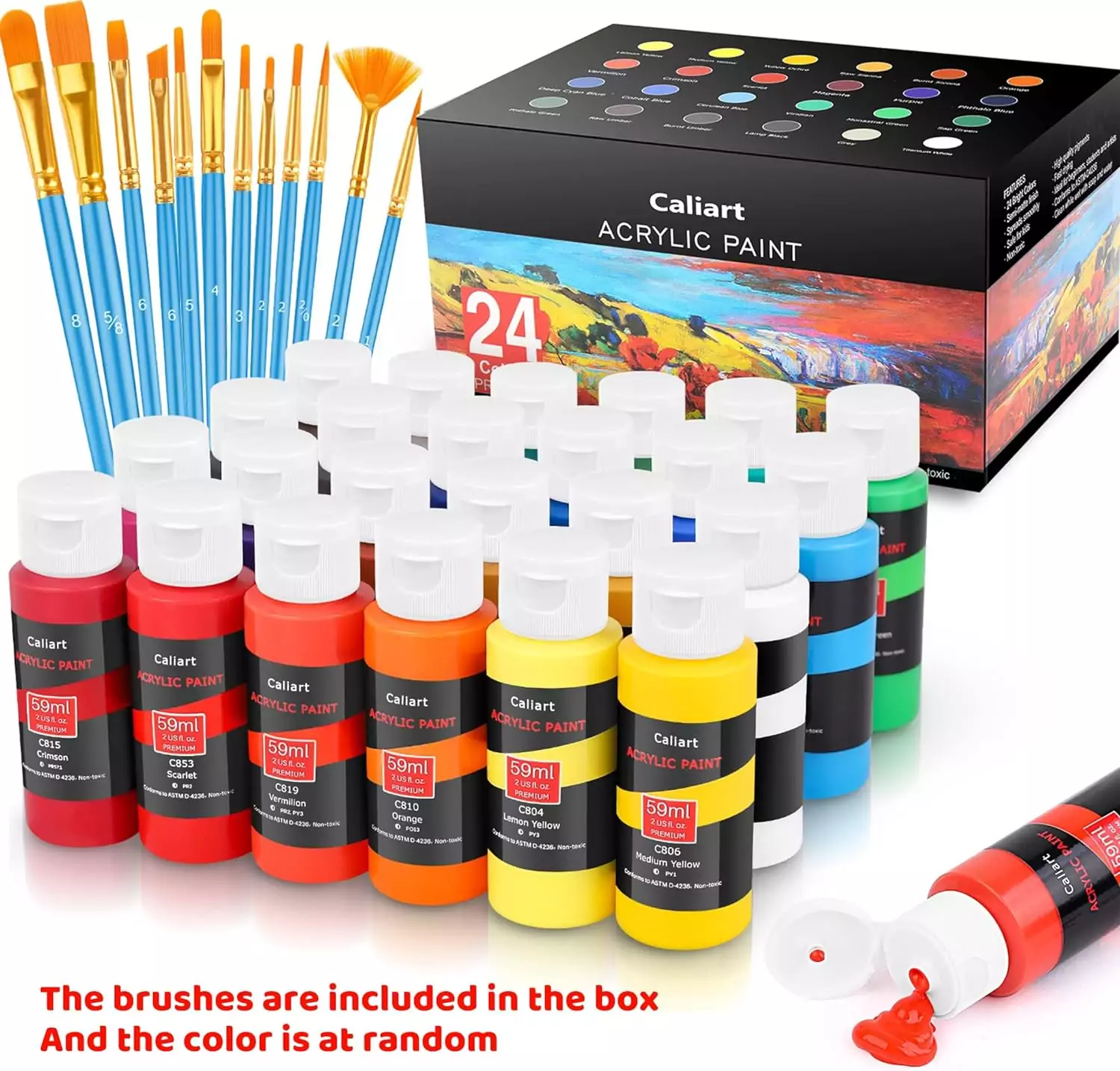 Caliart Acrylic Paint Set with 24 vibrant colors and 12 brushes, perfect for art educators and creative classroom activities and projects.