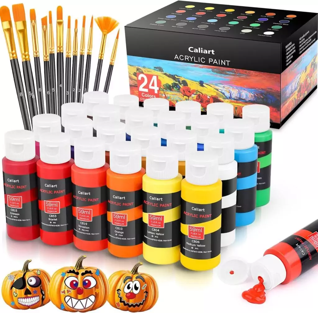 Caliart Acrylic Paint Set includes 24 vibrant colors and 12 brushes, ideal for educational art projects and creative painting activities.