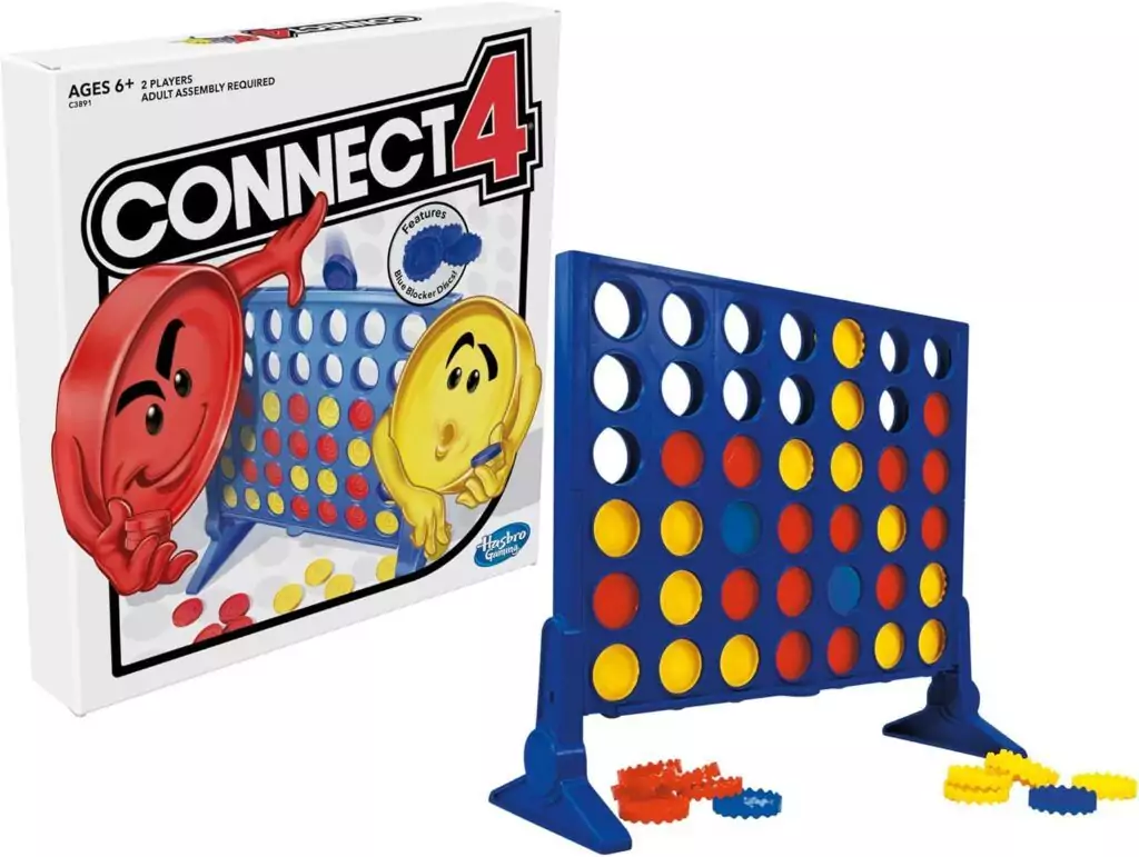 Children playing Connect 4, an educational strategy game for ages 6 and up, available exclusively on Amazon, enhancing kids' problem-solving skills.