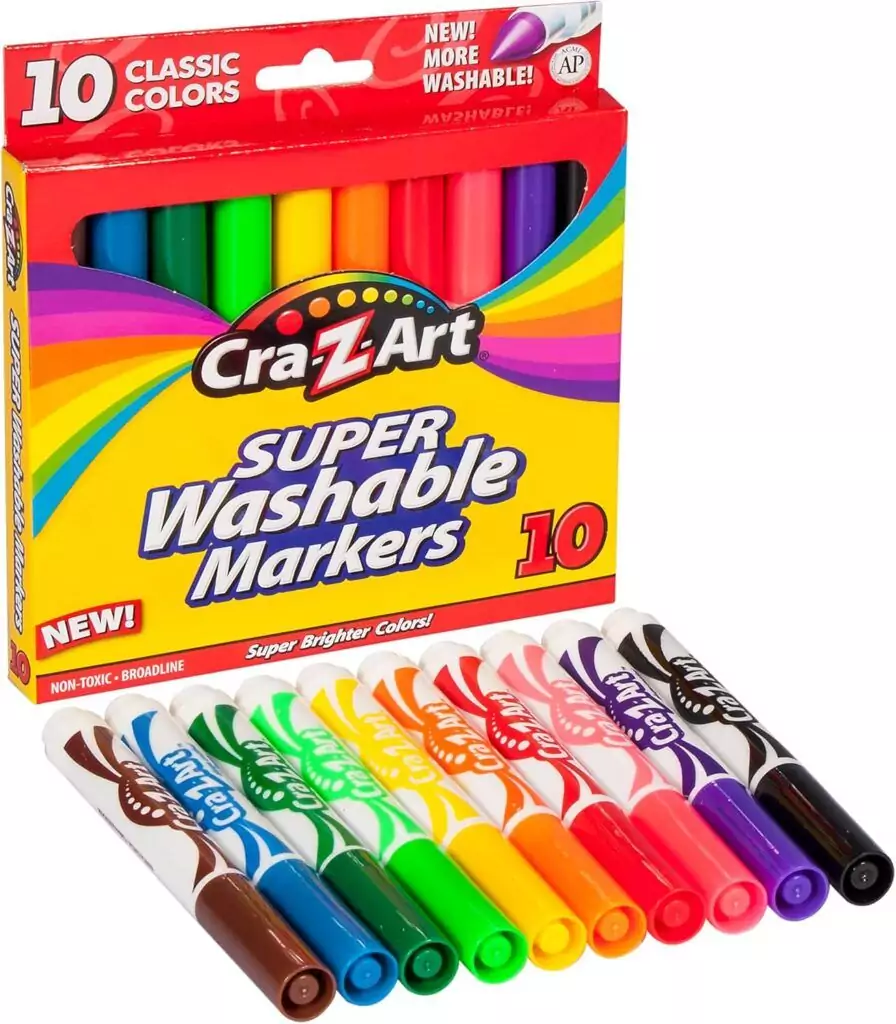 Cra Z Art Washable Markers 10 Pack features broad tips in assorted colors, ideal for kids' crafts and educators' drawing activities. Perfect for vibrant creativity.