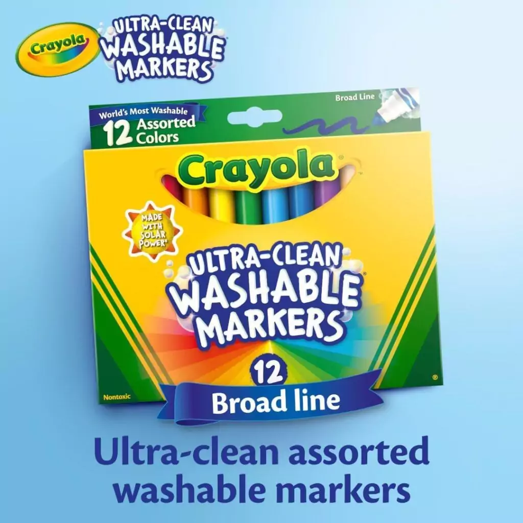 Explore vibrant creativity with Crayola Washable Markers 12ct. Perfect for kids' arts and crafts, these classroom drawing tools ensure easy cleanup.