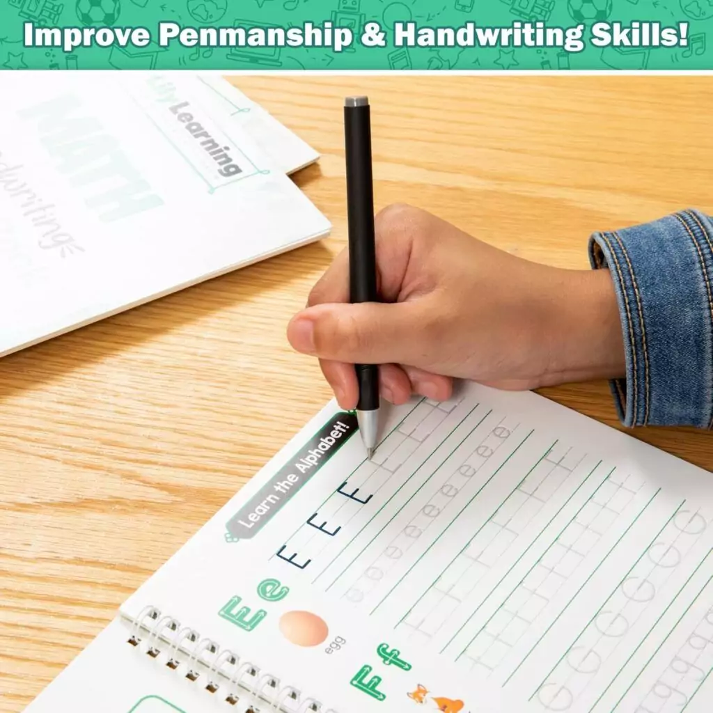 Enhance your child's writing skills with the Creative Learning Handwriting Kit. This reusable copybook features colorful illustrations and magic ink for engaging practice.