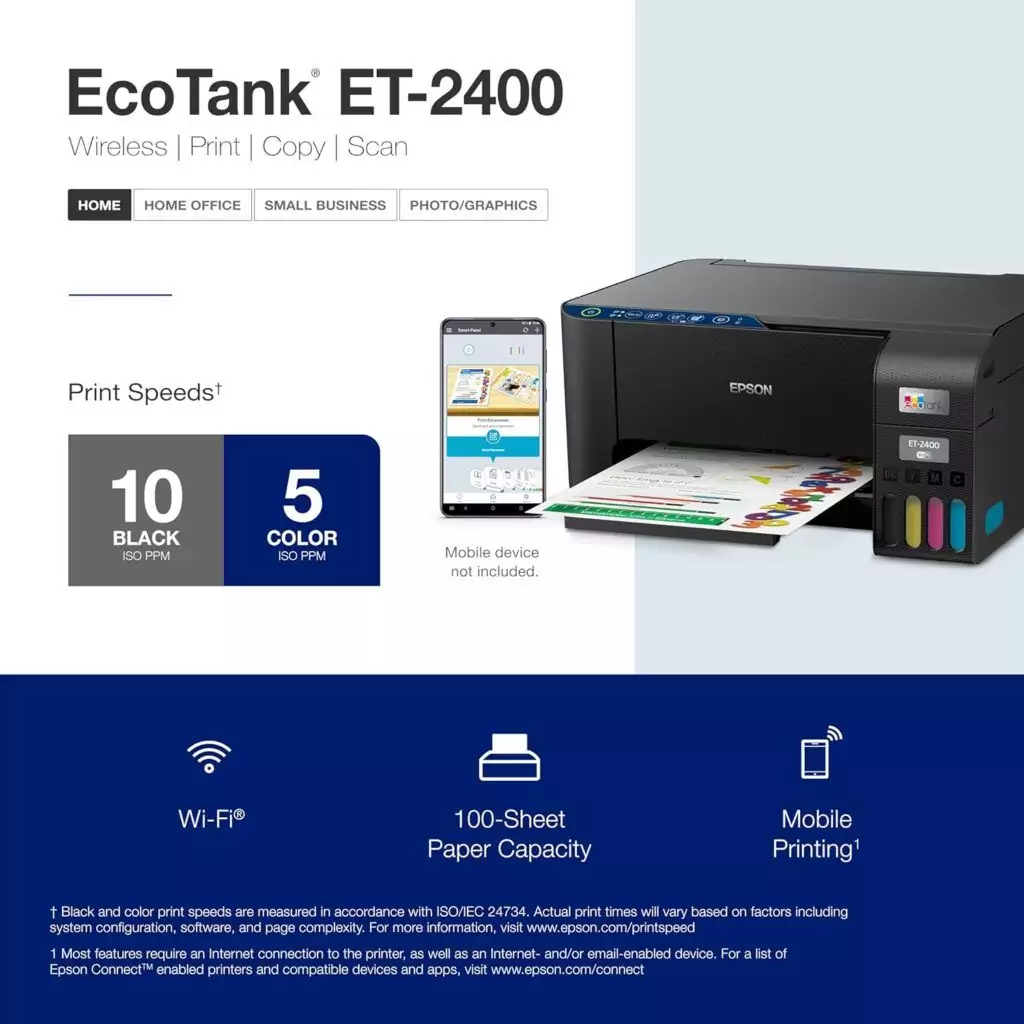 Epson Ecotank ET-2400 Wireless All-In-One Supertank Printer with Scan and Copy features, perfect for educators seeking efficient printing solutions.