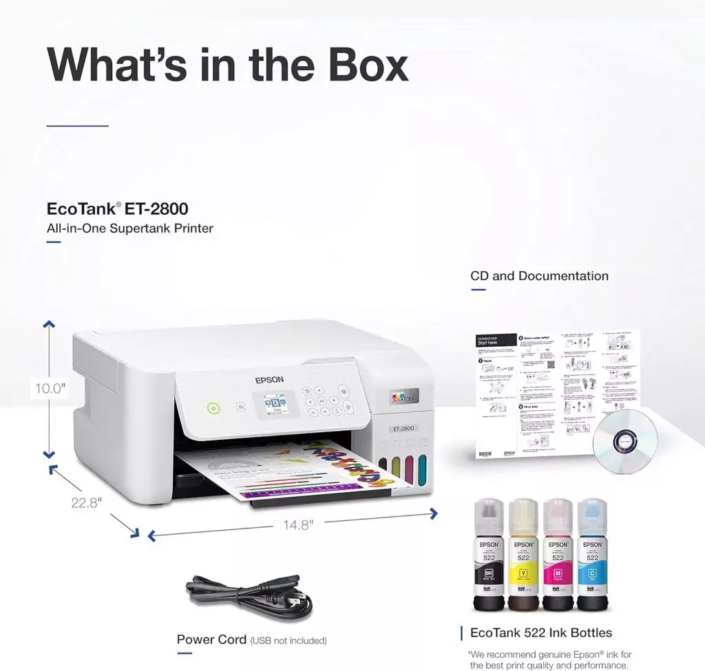 Epson EcoTank ET-2800 Printer: Wireless, Color, and Refillable; Ideal for Educators Seeking Cost-Effective Printing Solutions.