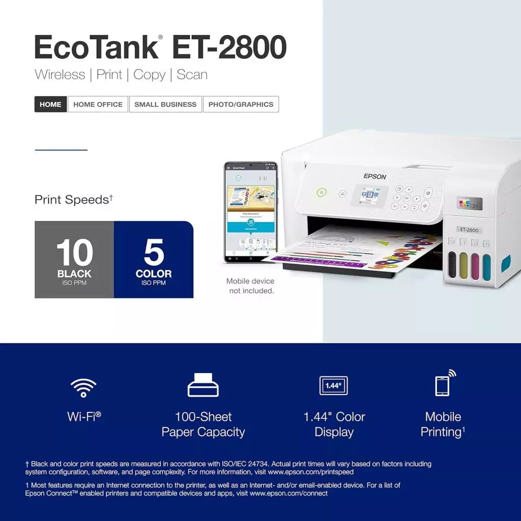 Epson Ecotank ET-2800 offers wireless color printing with a refillable ink supertank system. Ideal for scanning and copying efficiently at low cost.