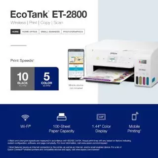 Epson Ecotank ET-2800 offers wireless color printing with a refillable ink supertank system. Ideal for scanning and copying efficiently at low cost.