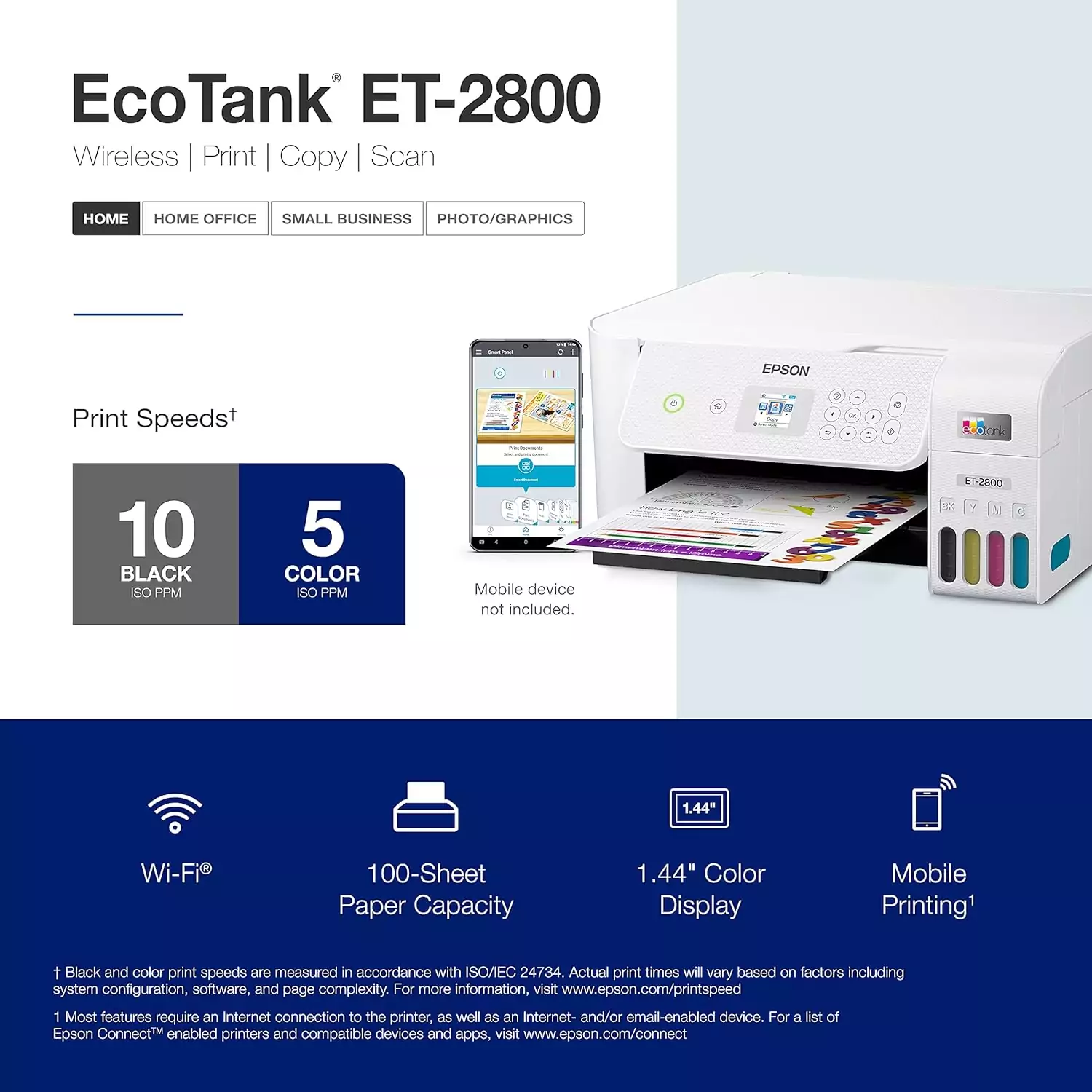 Epson Ecotank ET-2800 offers wireless color printing with a refillable ink supertank system. Ideal for scanning and copying efficiently at low cost.