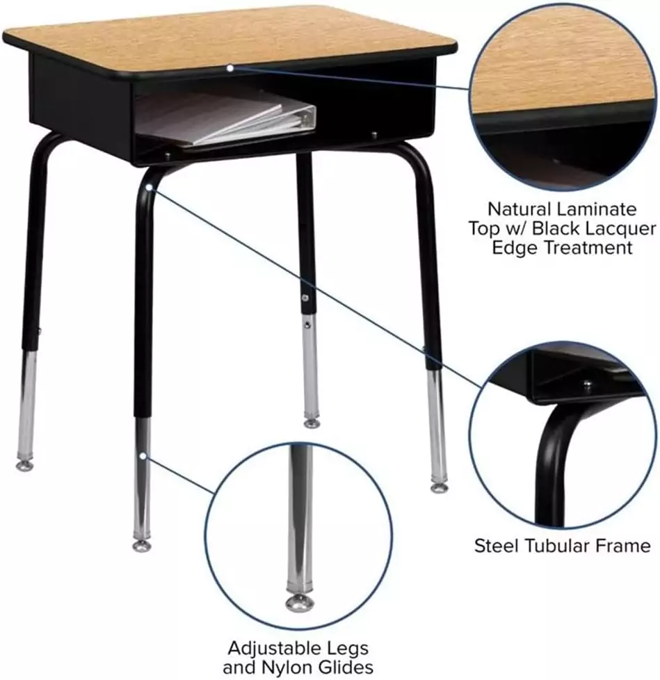 Flash Furniture Billie Adjustable Student Desk features a durable open-front metal design, measuring 24x18 inches, perfect for efficient classroom organization.