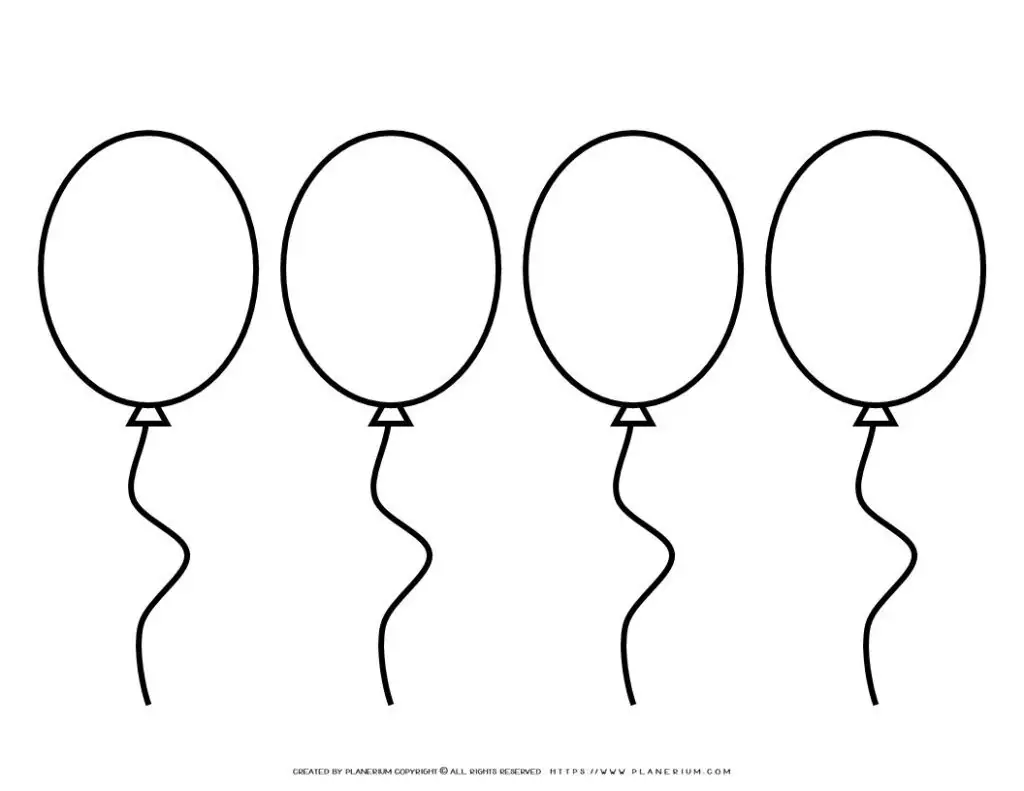 Four outlined balloons with strings