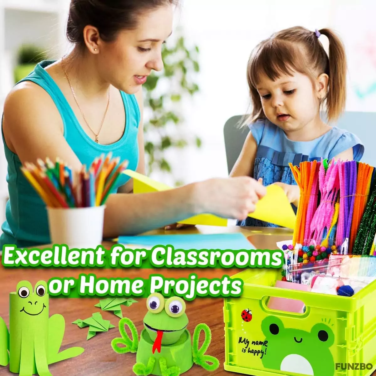Enhance creative learning with the Funzbo Arts Crafts Kit. Ideal for homeschooling, it includes pipe cleaners and stickers for unique handmade projects.