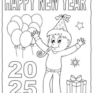 Happy New Year 2025 celebration coloring page