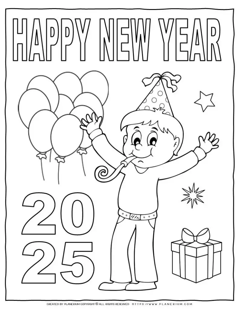 Happy New Year 2025 celebration coloring page