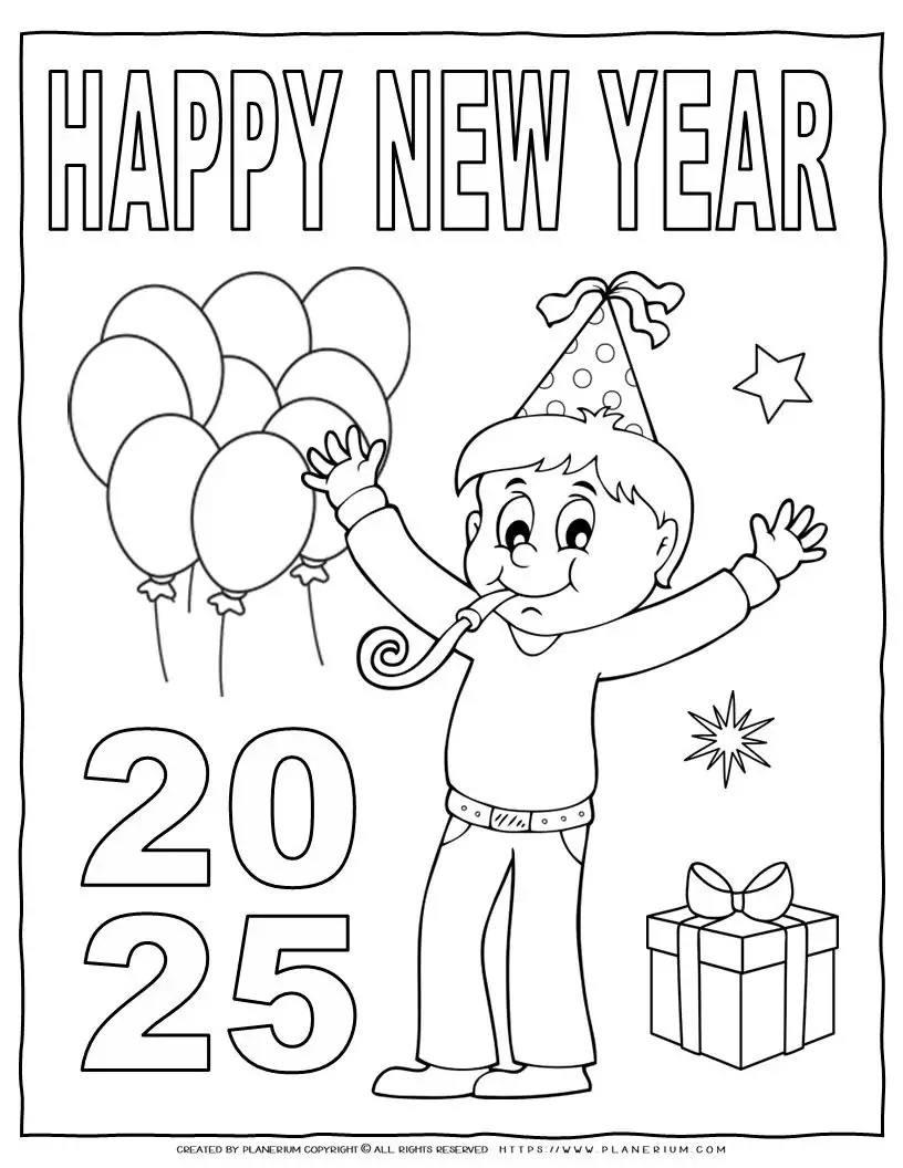 Happy New Year 2025 celebration coloring page