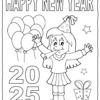 Coloring page: Happy New Year 2025 celebration.