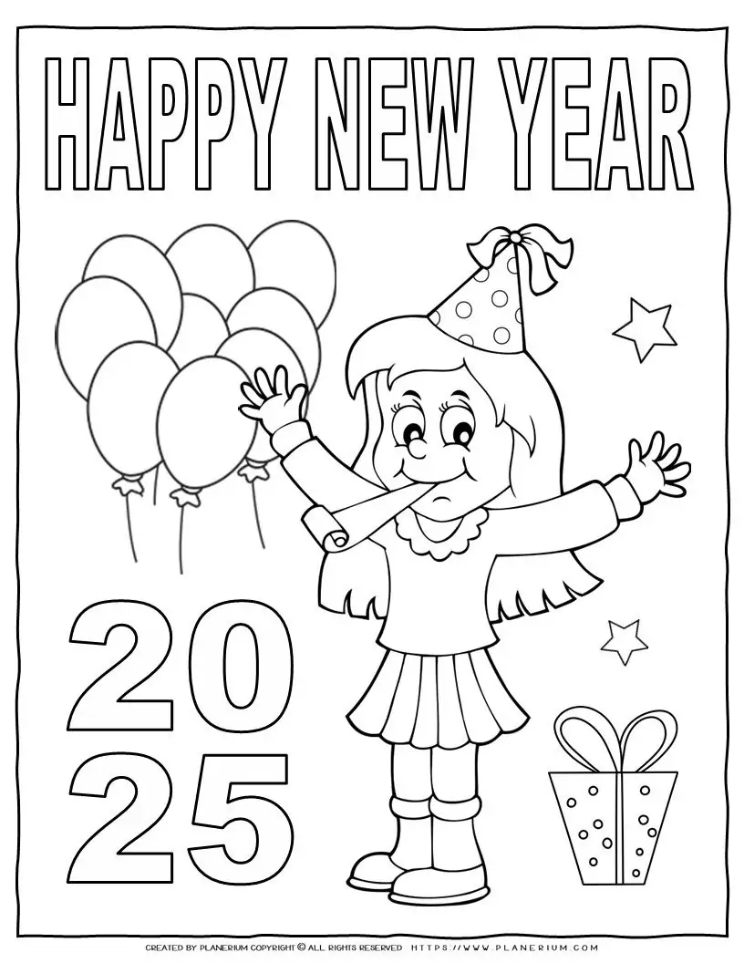 Coloring page: Happy New Year 2025 celebration.