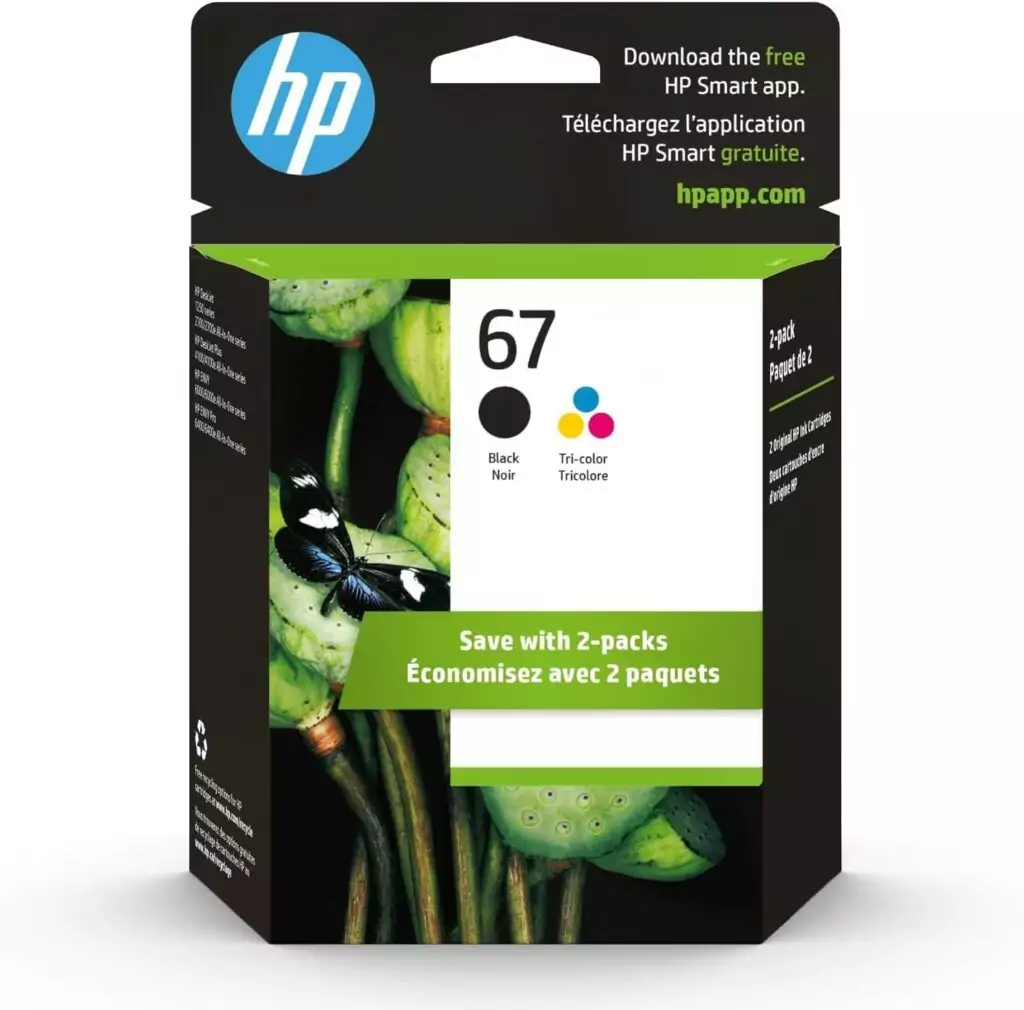 HP 67 Black and Tri-Color Ink Cartridges 2-Pack, compatible with DeskJet 1255, 2700, and 4100 series; essential for office printing.