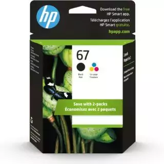 HP 67 Black and Tri-Color Ink Cartridges 2-Pack, compatible with DeskJet 1255, 2700, and 4100 series; essential for office printing.