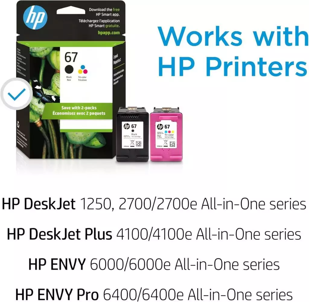 HP 67 Black and Tri-Color Ink Cartridges 2-Pack for DeskJet 1255, 2700, 4100 Series. Ideal for high-quality, efficient printing needs.
