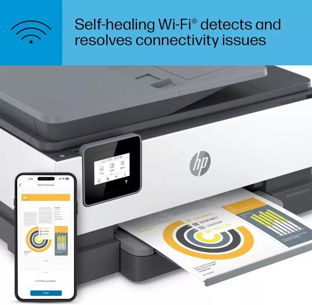 HP OfficeJet 8015e Wireless Color Printer with Instant Ink. Ideal for educators, offering a 3-month ink subscription promotional offer.