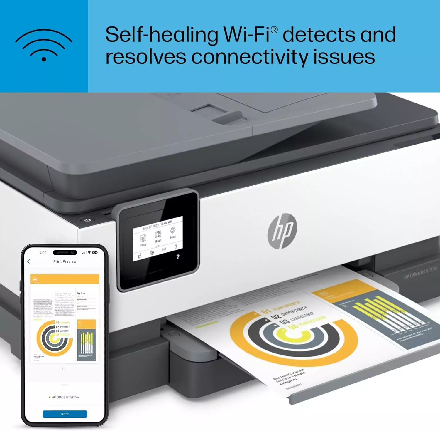 HP OfficeJet 8015e Wireless Color Printer with Instant Ink. Ideal for educators, offering a 3-month ink subscription promotional offer.