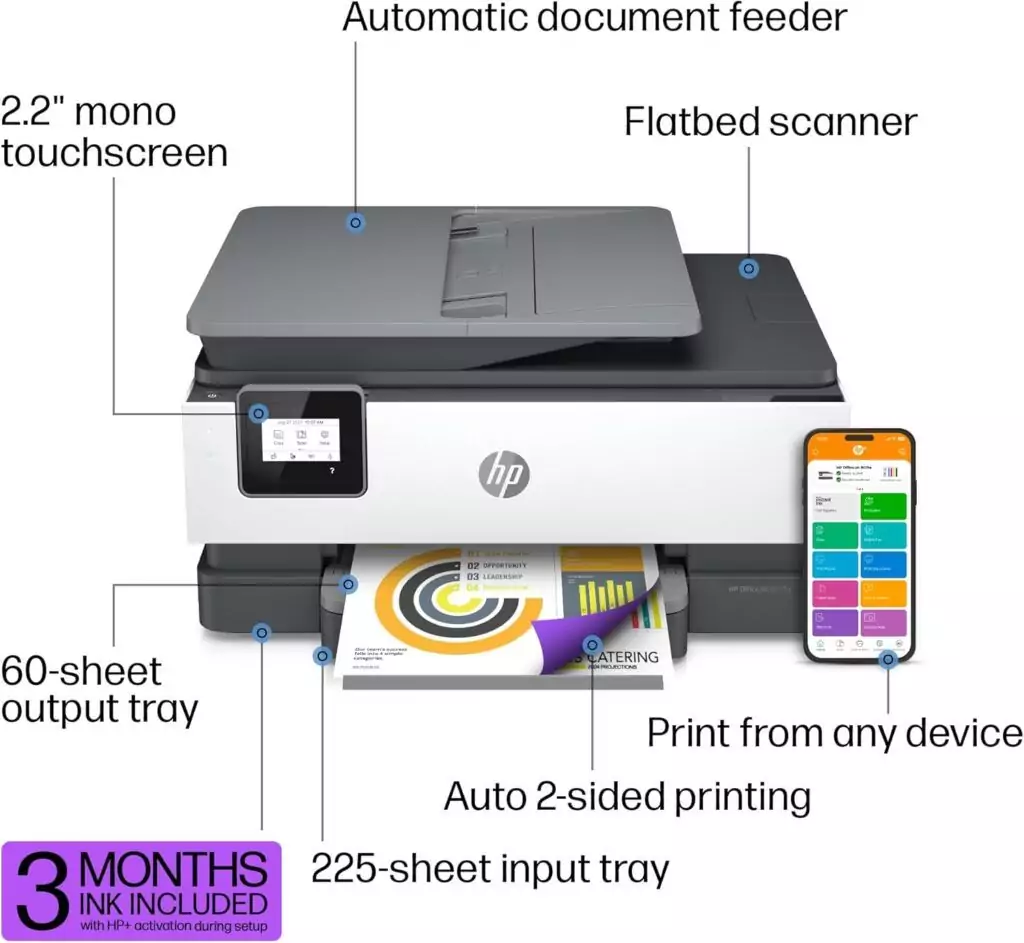 HP OfficeJet 8015e Wireless Color Printer with Educator's Instant Ink Offer: Boost efficiency with vibrant prints and cost-effective ink solutions.