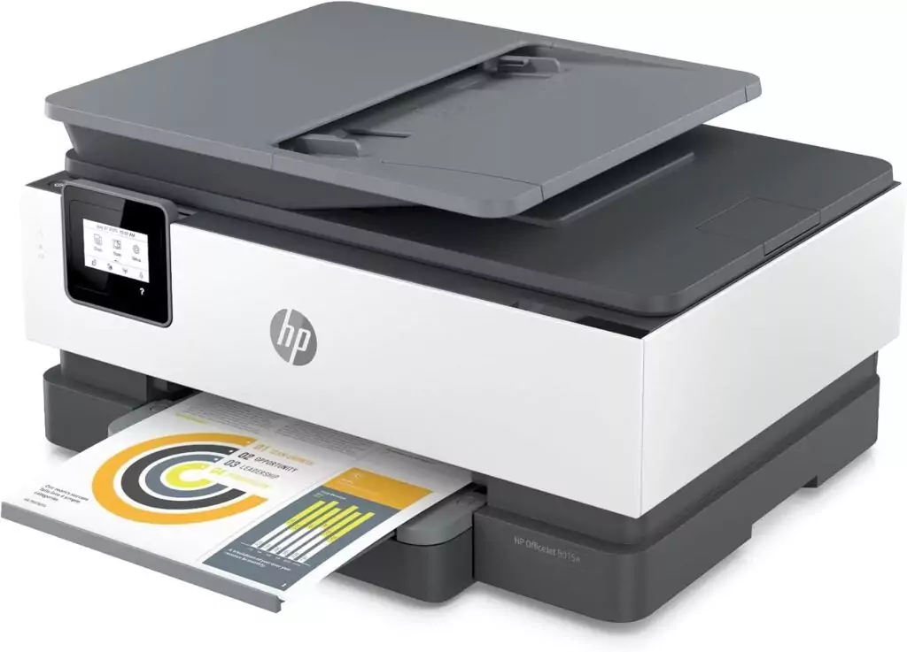 HP OfficeJet 8015e Wireless Color Printer, ideal for educators, includes 3 months of Instant Ink, offering vibrant color printing and reliable performance.