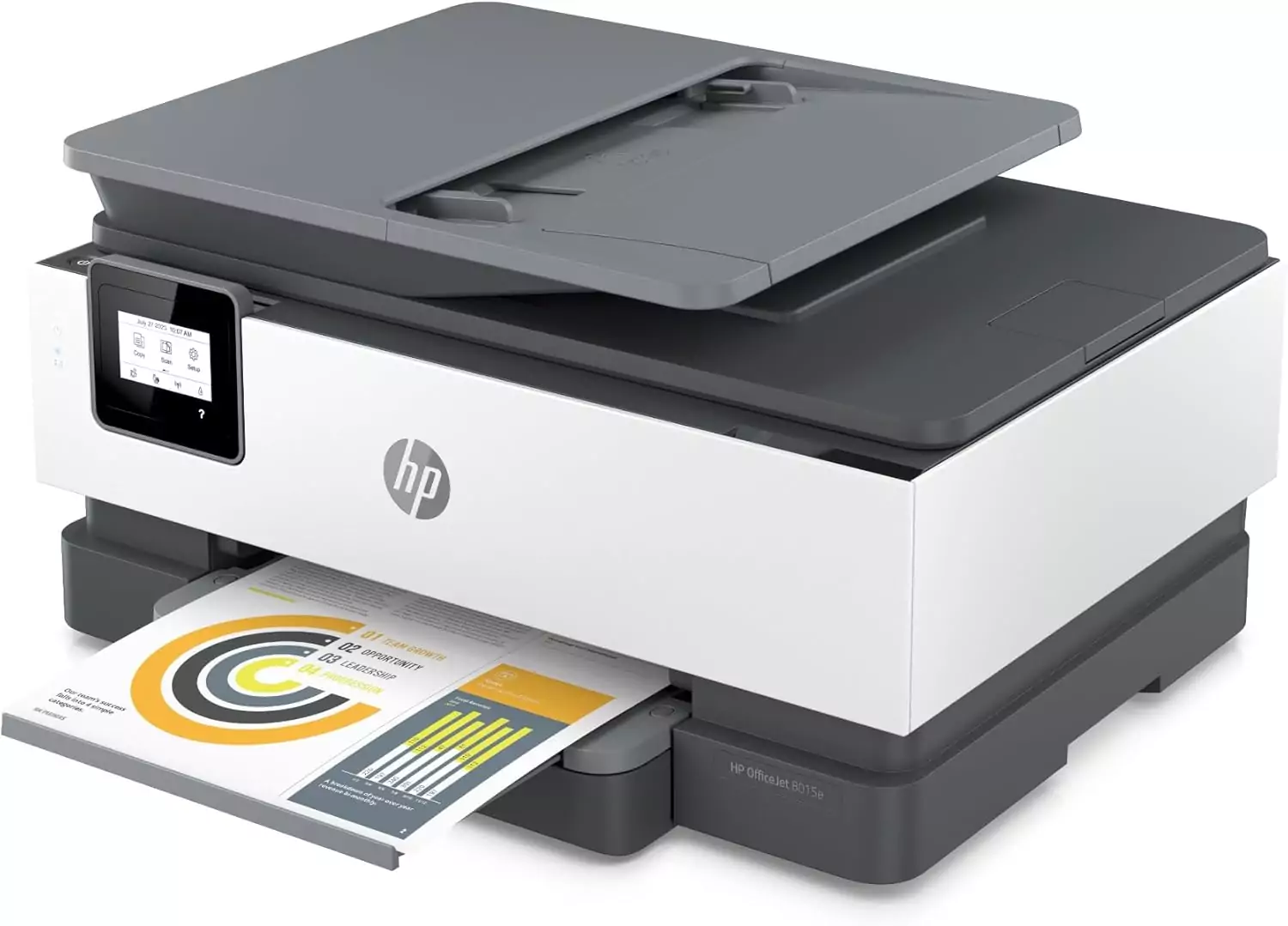 HP OfficeJet 8015e Wireless Color Printer, ideal for educators, includes 3 months of Instant Ink, offering vibrant color printing and reliable performance.