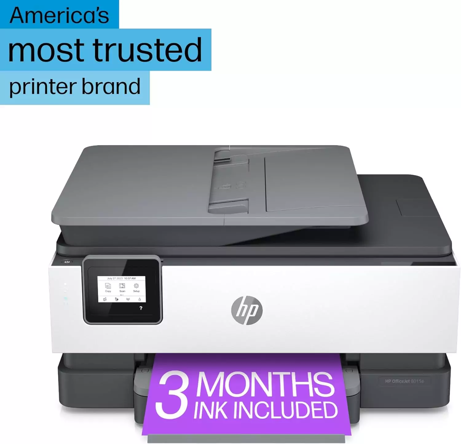HP OfficeJet 8015e Wireless Color Printer offering educators 3 months of free Instant Ink, ideal for efficient and vibrant color printing needs.
