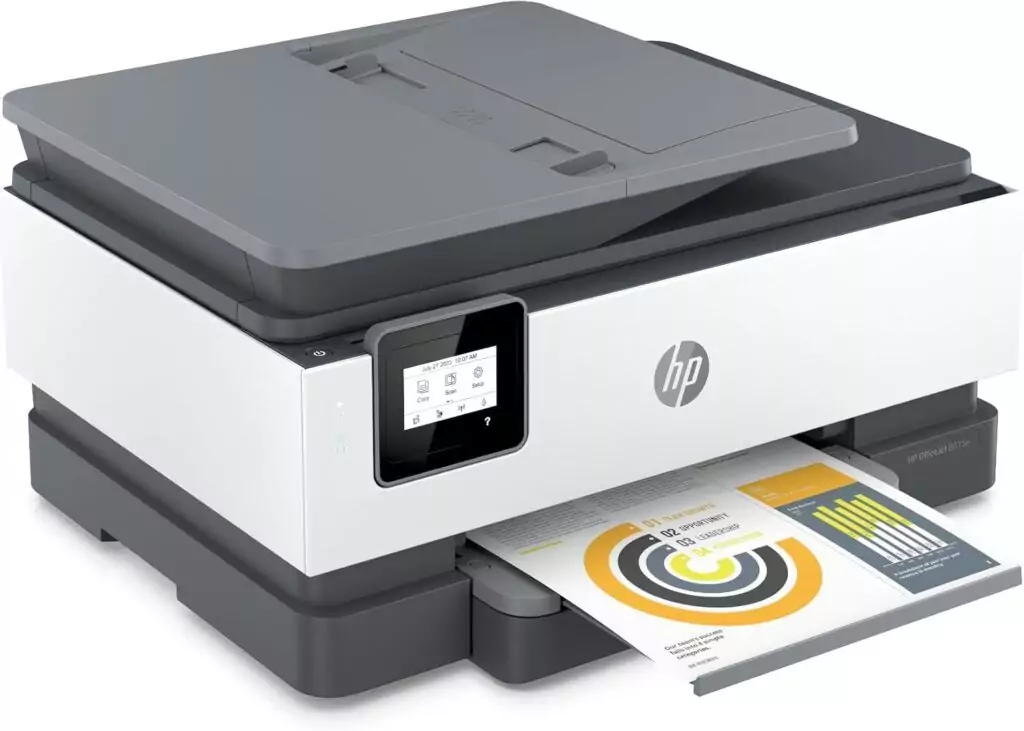 HP OfficeJet 8015e Wireless Color Printer offers easy setup for educators, featuring Instant Ink for efficient color printing in educational settings.
