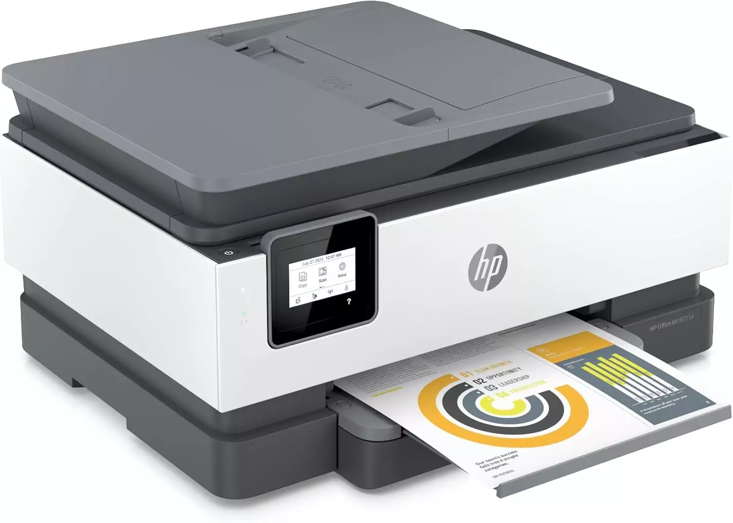 HP OfficeJet 8015e Wireless Color Printer offers easy setup for educators, featuring Instant Ink for efficient color printing in educational settings.