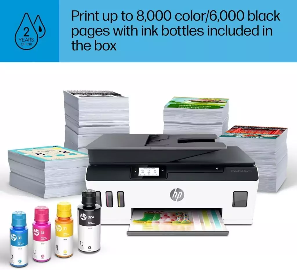 HP Smart Tank Plus 651 All-In-One Wireless Printer setup guide for educators and schools, featuring a 2-year ink supply, ideal for efficient classroom printing.