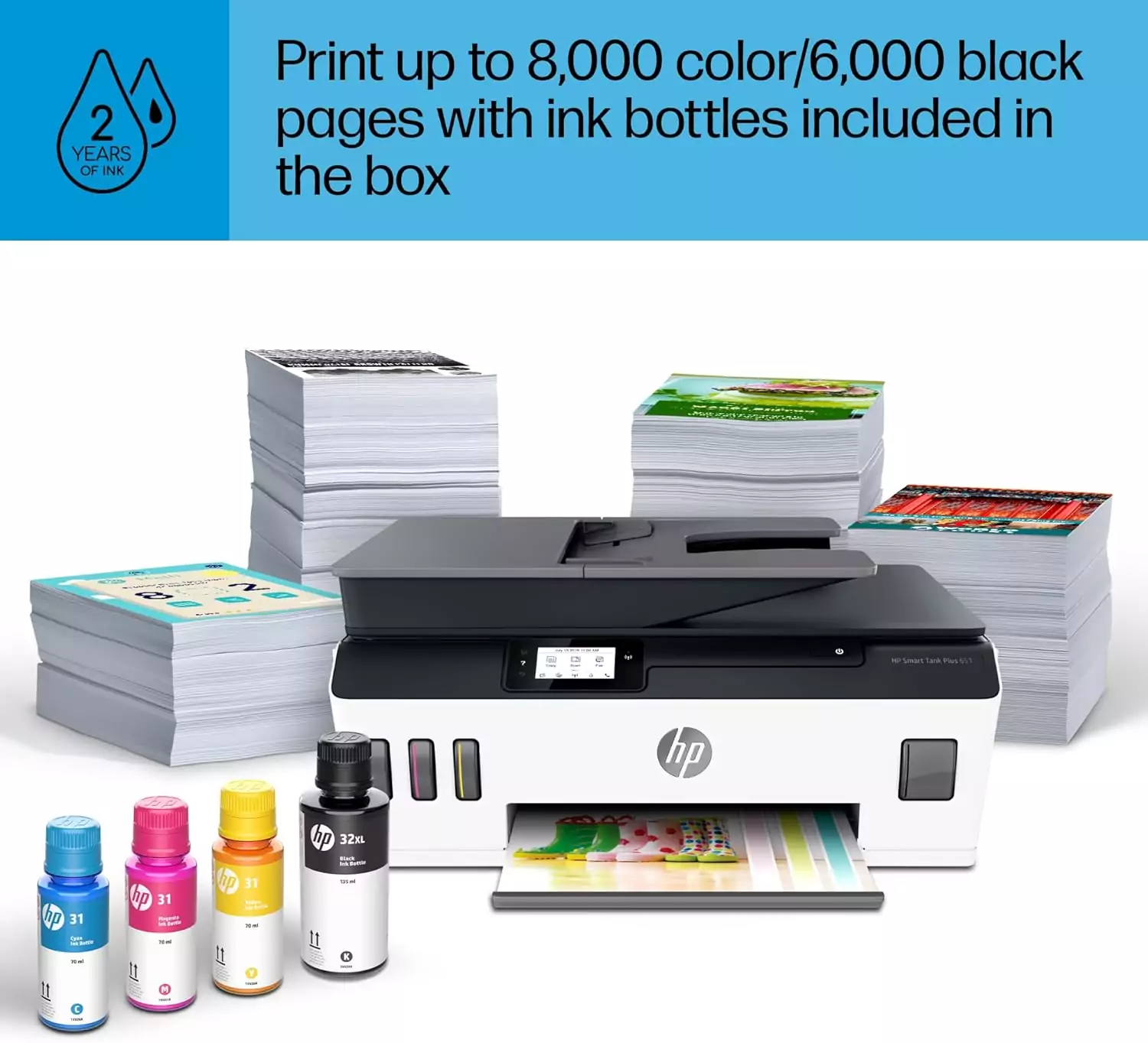 HP Smart Tank Plus 651 All-In-One Wireless Printer setup guide for educators and schools, featuring a 2-year ink supply, ideal for efficient classroom printing.