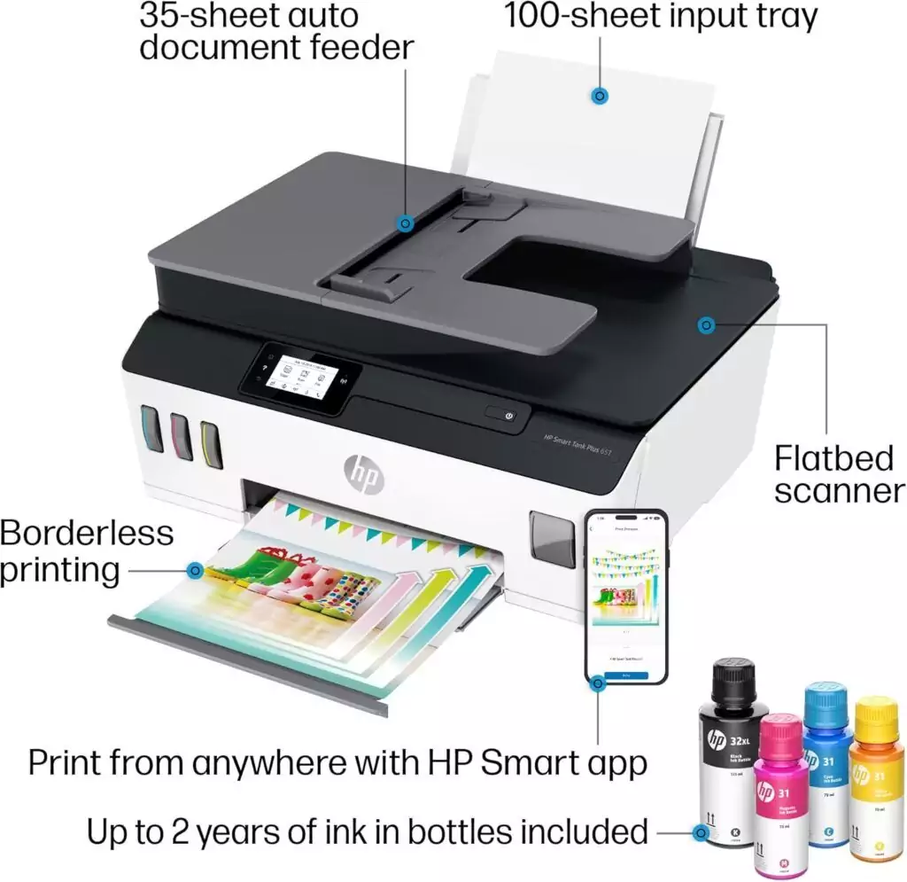 HP Smart Tank Plus 651 Wireless Printer: Efficient All-in-One Solution with 2-Year Ink Supply, Perfect for Educators and Schools. Easy Setup Guide Included.