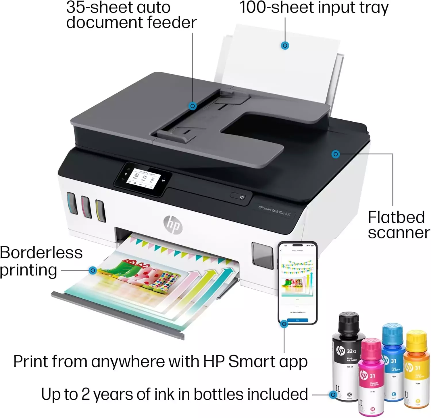 HP Smart Tank Plus 651 Wireless Printer: Efficient All-in-One Solution with 2-Year Ink Supply, Perfect for Educators and Schools. Easy Setup Guide Included.