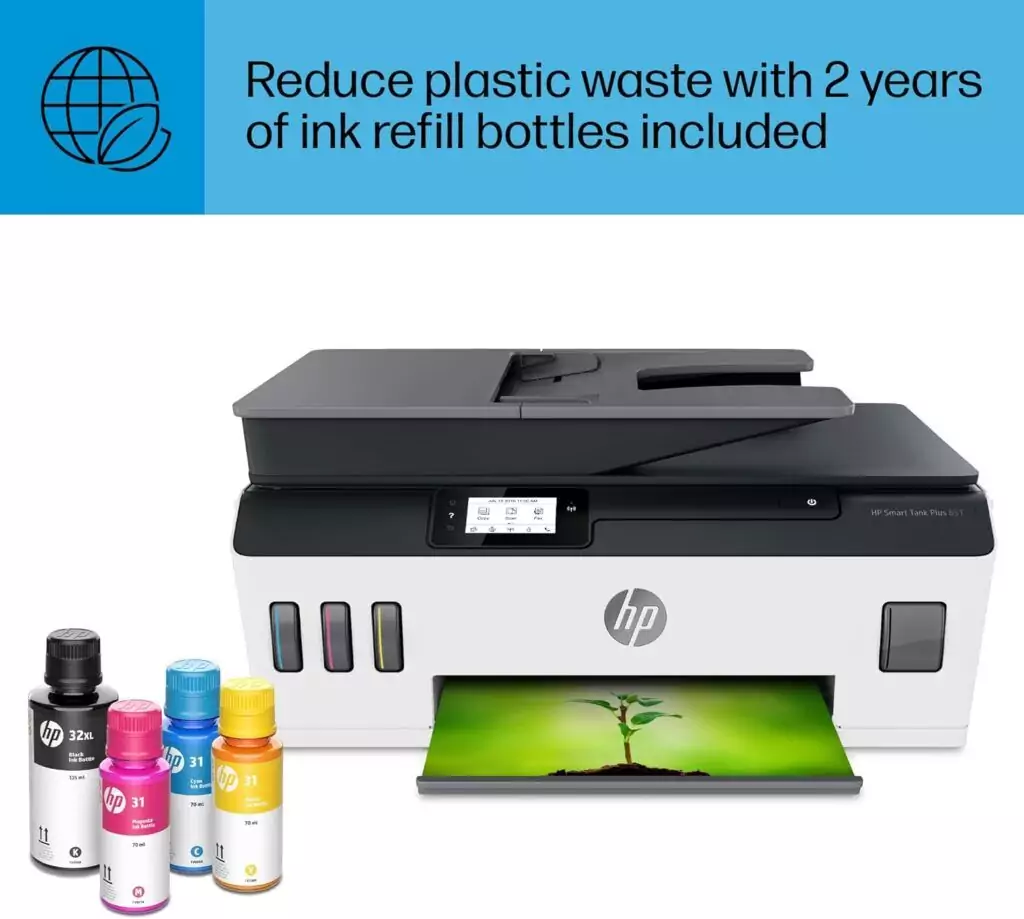 HP Smart Tank Plus 651 Wireless All-In-One Printer is perfect for educators and schools, featuring a 2-year ink supply and an easy setup guide.
