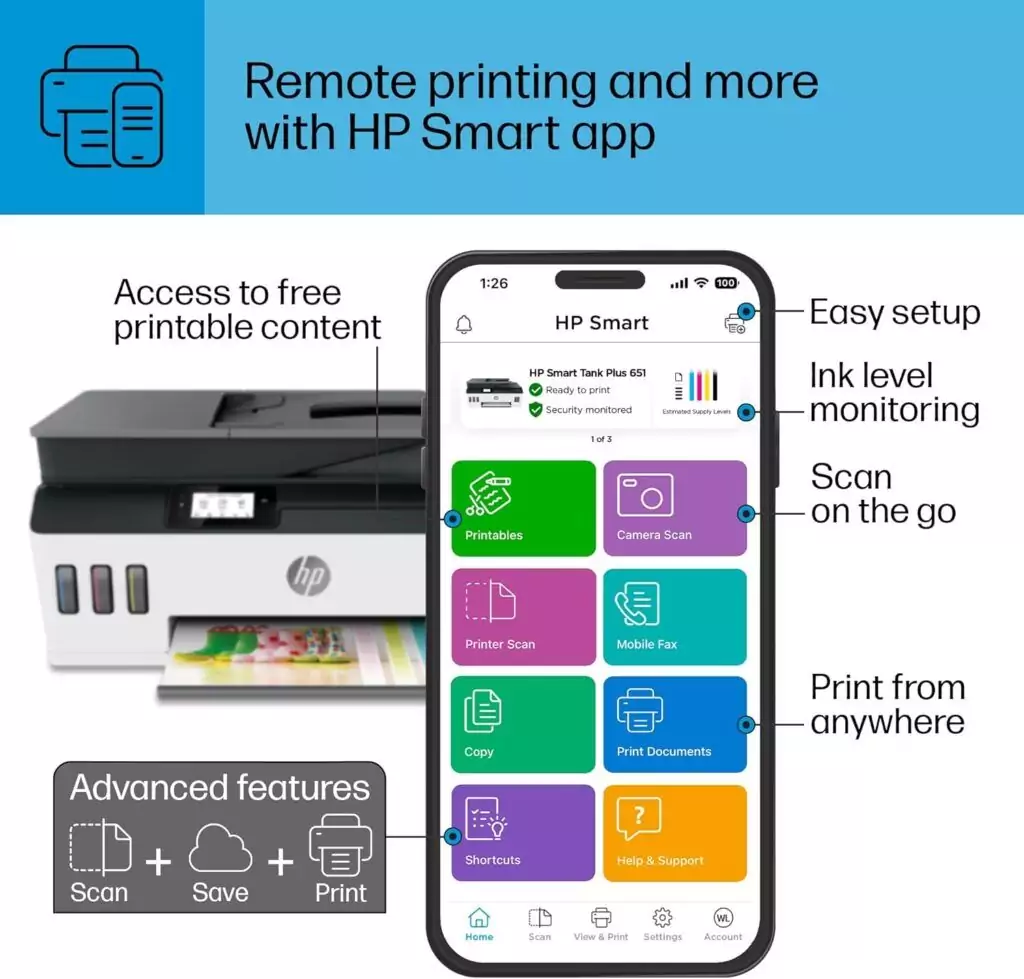 Efficient HP Smart Tank Plus 651 Wireless Printer with 2-Year Ink Supply: Perfect for Educators and Schools. Simple Setup Guide Included.