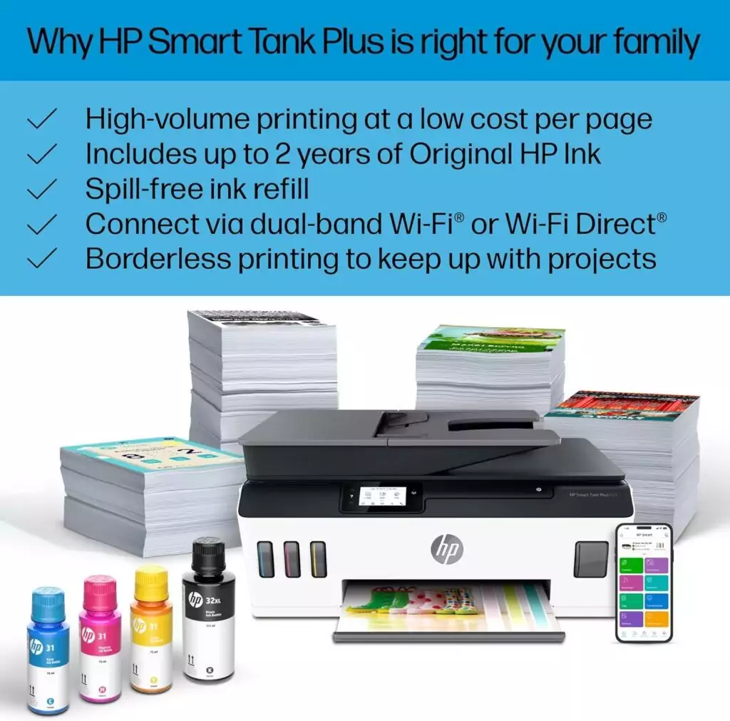 Discover the HP Smart Tank Plus 651, a wireless printer perfect for schools and educators, featuring a two-year ink supply for efficient and cost-effective printing.