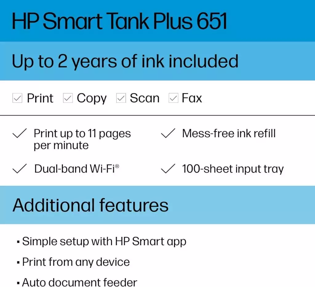 HP Smart Tank Plus 651 Wireless Printer with 2-Year Ink Supply, Perfect for Educators and Effortless School Classroom Setup